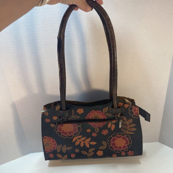 Tooled Leather Tobacco Handbag Purse Shoulder Bag Floral‎ Flowers Zipper Closure - Picture 2 of 16